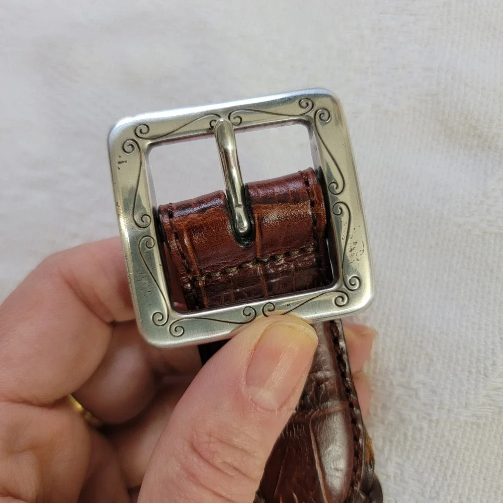 Brighton Mens Brown Braided Leather Belt Engraved Silver‎ Buckle Q6607 Size 28